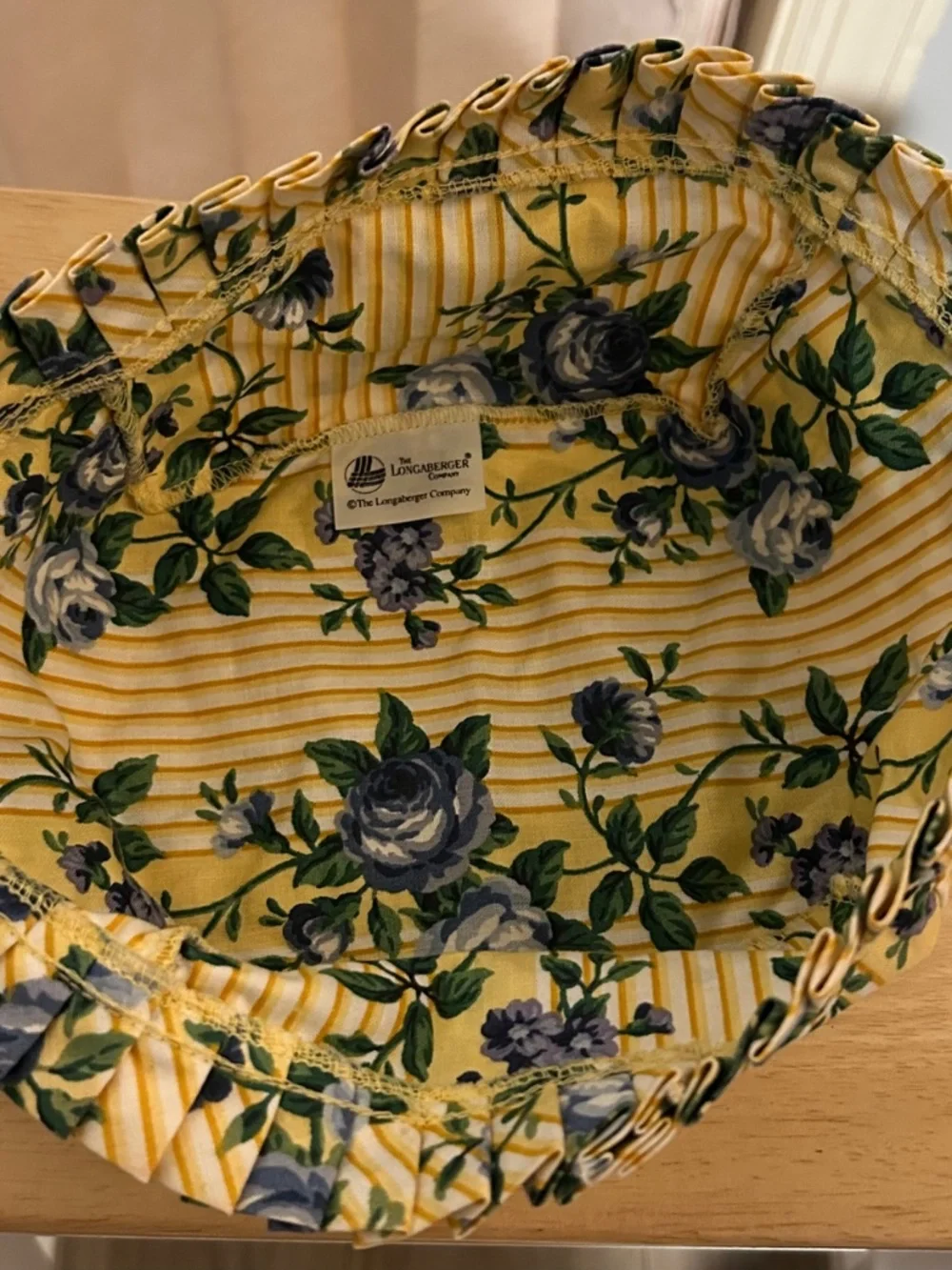 Longaberger Fabric Basket Liner “Rose Trellis” Yellow Stripe Blue Floral Pattern